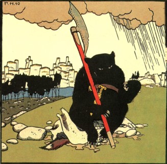 Hare faces a horse's skull in which it has a mouse and frog.