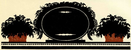 Black oval plaque for inscription flanked by two planters with flowers.