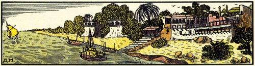 Sailing ship and palace in a beautiful garden.