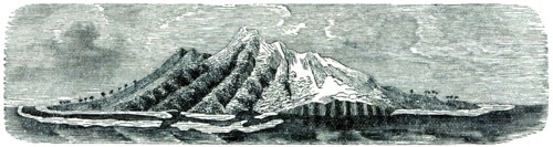 Volcanic island surrounded by a barrier and coral reefs.