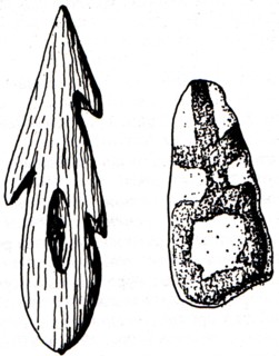 Harpoon and painted pebbles.