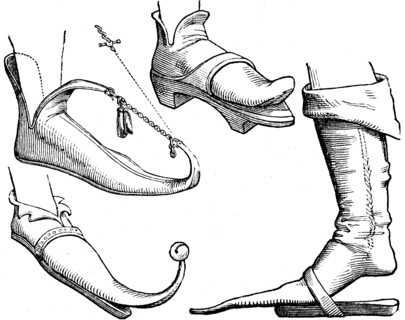 Medieval boots with long, soft toes.