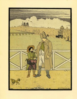 Boy and man in hats against a large field and the palace.
