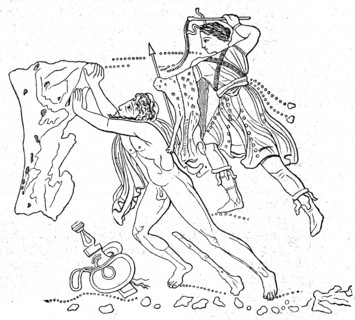 Sisyphus, westering stone up the hill, and one of Erin, drawing on the vase from Canosa, Munich.