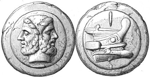 Head of Janus, the ship cast Roman coin.
