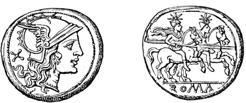 Head the goddess Roma, Castor and Pollux, Roman denarius.