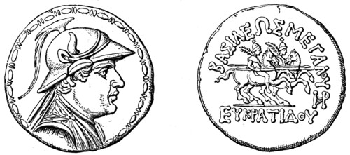 King, Castor and Pollux, Tetradrahmon of Bactrian king Evkratid.