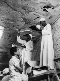 Restoration work on the hieroglyphs of the tomb of seti I.