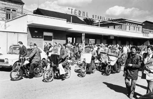 Workers leaving the steel plant, terni, italy, 70's