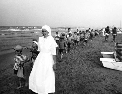 Children summer camp on the beach, riccione, italy 70's