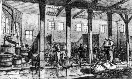 Antique engraving of a tobacco manufactory
