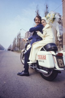 Bride and groom on motorbyke, 70's