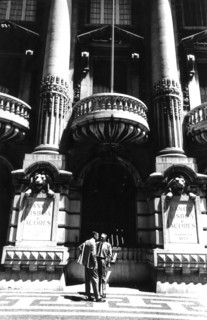 Men in front of the banco lisboa Et acores, lisbon, portugal, 70's