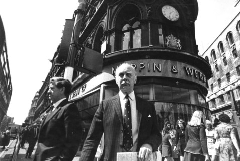 People before the mappin &amp; webb building on poultry in london, uk, 70's