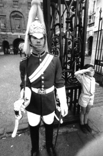 Children near a royal horse guard, london, uk, 70's
