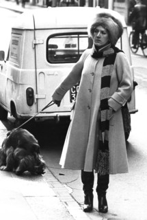 Woman with dog in montenapoleone street, milan, 80's