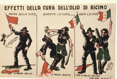 Effects of castor oil, Fascist postcard, 1921