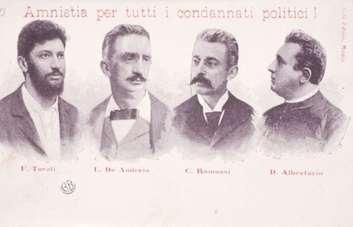 Postcard published to seek amnesty for those arrested for political uprisings of 1898, filippo turati, luigi de andreis, c. Romussi, davide Albertario