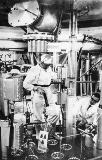 Institute for the Protection and Environmental Research, Ispra, two technicians working on the Essor reactor, ispra, varese, Italy.1967