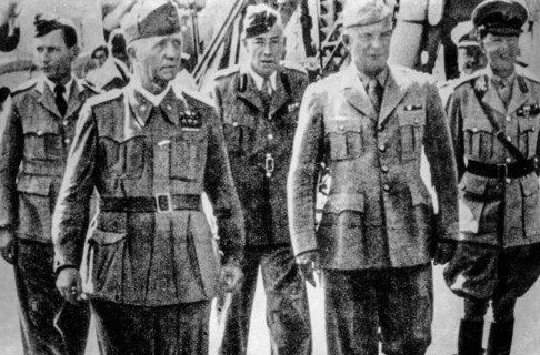 Pietro badoglio with the commander eisenhower for the signature of the armistice and the entry into the war of italy against germany, with their lord gort, arthur william tedder, the general english m...