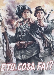 E tu..cosa fai?, bersagliere and German soldier in a battlefield pointing their forefinger, manifesto of war propaganda, World War II