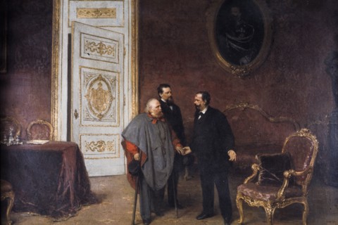 Giuseppe garibaldi and general giacomo medici meet re vittorio emanuele II., by gerolamo induno, XIX century