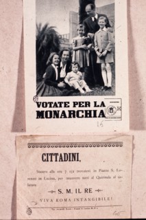 Umberto di savoia, maria jose and the princes in the gardens of the quirinale, manifesto 'voted for the monarchy', image by federico patellani, 1946