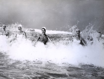 Girls playing with waves, miami, usa, 1959