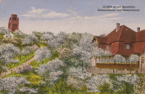 Bismarck building and Bismarck tower in Guben during tree blossom, in the district of Spree-Neiße