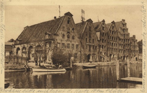 Old granaries at the river Trave, Lübeck, Schleswig-Holstein, Germany, view from c. 1910, digital