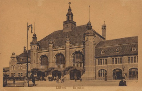 Railroad station Lübeck, Schleswig-Holstein, Germany, view from ca 1910, digital reproduction of a