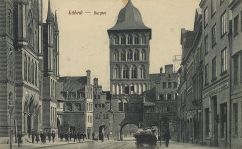 Castle gate of Lübeck, Schleswig-Holstein, Germany, view from ca 1910, digital reproduction of a