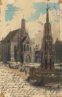 Beautiful fountain and Church of Our Lady in Nuremberg, Middle Franconia, Bavaria, Germany, view