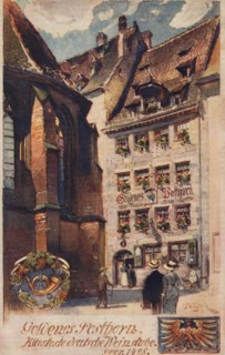 Wine tavern Goldenes Posthorn in Nuernberg, Middle Franconia, Bavaria, Germany, view from about