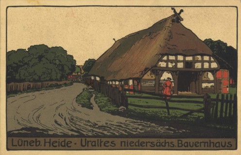Old Lower Saxony farmhouse in the Lüneburg Heath, Lower Saxony, Germany, view from ca 1910, digital
