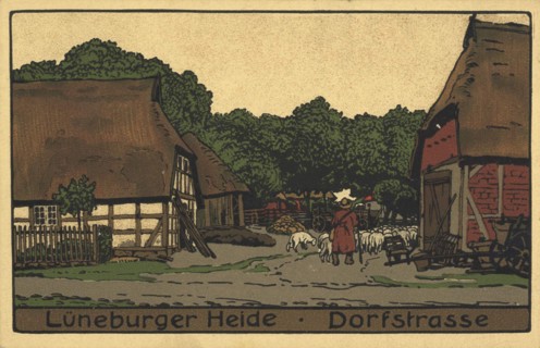 Village street in the Lüneburg Heath, Lower Saxony, Germany, view from ca 1910, digital