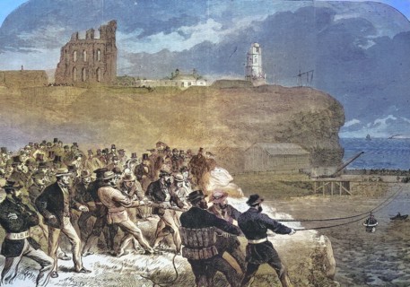 the Tynemouth brigade of volunteer rescue workers practicing maneuverability of the rescue gondola