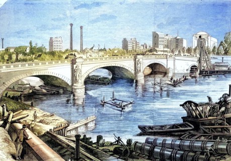 Work in front of the Alma bridge to lay the sewage pipe at the bottom of the Seine