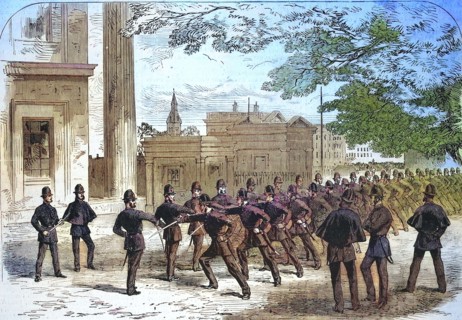 Uprising of 1867 by the Irish Republican Brotherhood. London police officers practice using saber