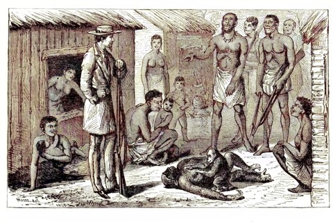 Natives standing in front of a hunter who shot a gorilla that had a cub