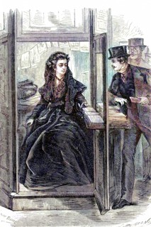 Newspaper seller in a small kiosk in 1869