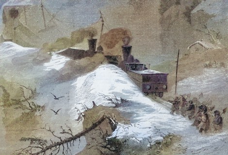 a crashed train in the middle of the snow on the railroad line over the Brenner Pass