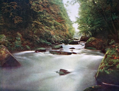 At the waterfalls of the Prüm near the ruin Prüm zur Lay in the Eifel in 1910,