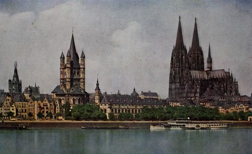 Cologne Cathedral with Saint Martin and Town Hall Tower in 1910, North Rhine-Westphalia, Germany,