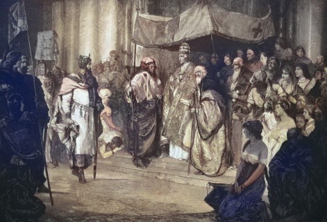 Treffen von Kaiser Friedrich Barbarossa und Papst Alexander III. am 24. Juni 1177. Friedrich