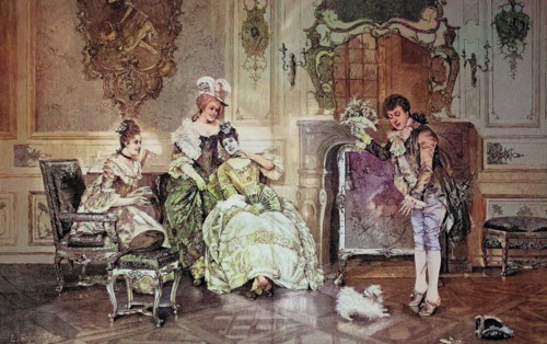 A timid suitor stands with a bouquet of flowers in front of his beloved