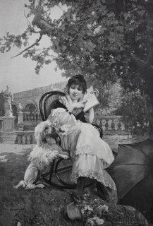 Young Woman Sitting In A Chair Trying To Teach Her Dog Reading