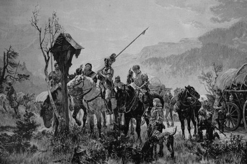 Encounter On An Old Trading Street In The Alps In The Middle Ages