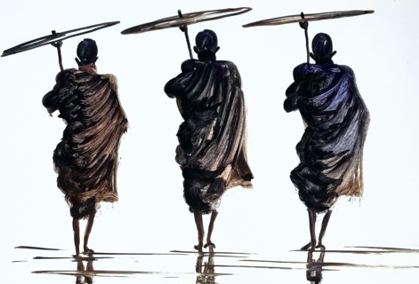 Three Monks With A Parasol