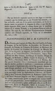 Peace treaty between the King of Spain Philip V and the Holy Roman Emperor Charles VI.